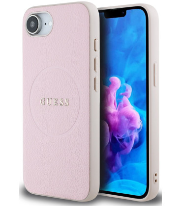 Rožinis dėklas Apple iPhone 16E telefonui "Guess PU Grained Classic Logo MagSafe Case"