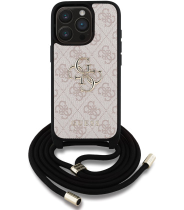 Rožinis dėklas Apple iPhone 15 Pro telefonui "Guess PU 4G Metal Logo Crossbody Strap Case"