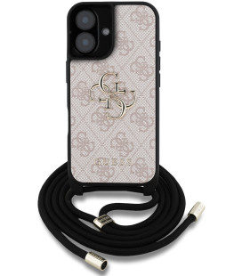 Rožinis dėklas Apple iPhone 16 telefonui "Guess PU 4G Metal Logo Crossbody Strap Case"
