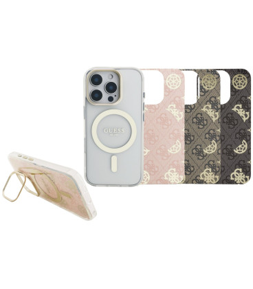 Skaidrus dėklas Apple iPhone 16 Pro telefonui "Guess PC/TPU Electroplated Stand Camera Frame MagSafe Case with Interchangeab