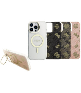 Skaidrus dėklas Apple iPhone 16 Pro Max telefonui "Guess PC/TPU Electroplated Stand Camera Frame MagSafe Case with Interchangeab