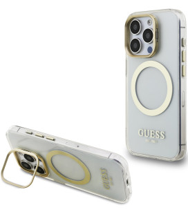 Skaidrus dėklas Apple iPhone 15 Pro telefonui "Guess IML Gold Outline Stand Camera Frame MagSafe Case"