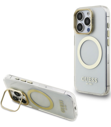 Skaidrus dėklas Apple iPhone 15 Pro telefonui "Guess IML Gold Outline Stand Camera Frame MagSafe Case"