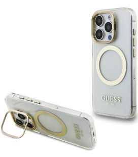 Skaidrus dėklas Apple iPhone 15 Pro Max telefonui "Guess IML Gold Outline Stand Camera Frame MagSafe Case"