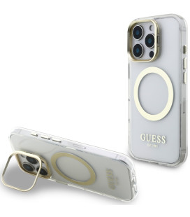 Skaidrus dėklas Apple iPhone 16 Pro telefonui "Guess IML Gold Outline Stand Camera Frame MagSafe Case"