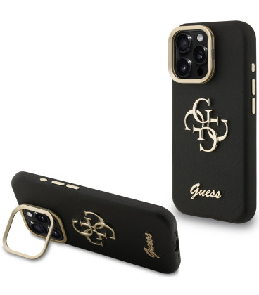 Juodas dėklas Apple iPhone 15 Pro telefonui "Guess PU Grained 4G Logo Stand Camera Frame Case"