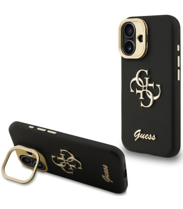 Juodas dėklas Apple iPhone 16 telefonui "Guess PU Grained 4G Logo Stand Camera Frame Case"