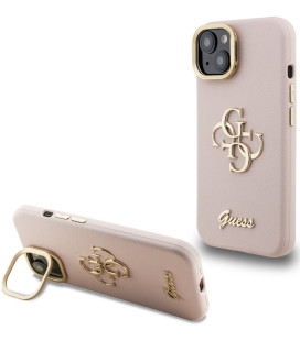 Rožinis dėklas Apple iPhone 15 telefonui "Guess PU Grained 4G Logo Stand Camera Frame Case"