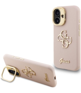 Rožinis dėklas Apple iPhone 16 telefonui "Guess PU Grained 4G Logo Stand Camera Frame Case"
