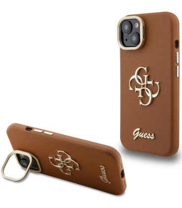 Rudas dėklas Apple iPhone 14 telefonui "Guess PU Grained 4G Logo Stand Camera Frame Case"