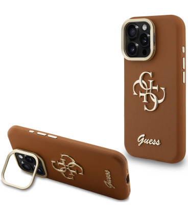 Rudas dėklas Apple iPhone 15 Pro telefonui "Guess PU Grained 4G Logo Stand Camera Frame Case"