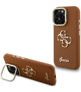 Rudas dėklas Apple iPhone 16 Pro telefonui "Guess PU Grained 4G Logo Stand Camera Frame Case"