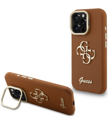 Rudas dėklas Apple iPhone 16 Pro telefonui "Guess PU Grained 4G Logo Stand Camera Frame Case"