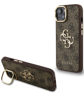 Rudas dėklas Apple iPhone 15 telefonui "Guess PU 4G Metal Logo Stand Camera Frame Case"