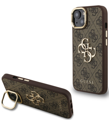 Rudas dėklas Apple iPhone 15 telefonui "Guess PU 4G Metal Logo Stand Camera Frame Case"