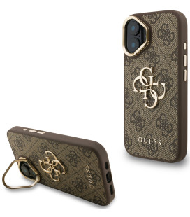 Rudas dėklas Apple iPhone 16 telefonui "Guess PU 4G Metal Logo Stand Camera Frame Case"
