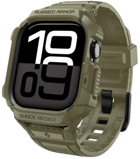 Žalias (Khaki) dėklas - apyrankė Apple Watch 10 / 11 (46mm) laikrodžiui "Spigen Rugged Armor PRO"