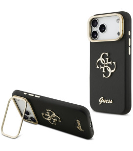 Juodas dėklas Apple iPhone 17 Pro Max telefonui "Guess PU Grained 4G Logo Stand Camera Frame Case"