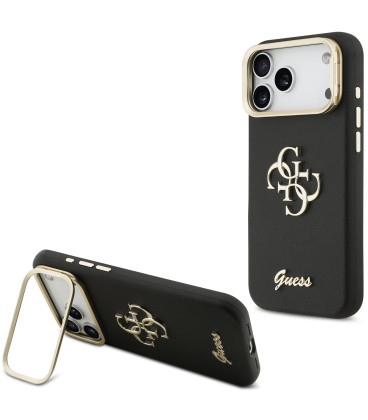 Juodas dėklas Apple iPhone 17 Pro Max telefonui "Guess PU Grained 4G Logo Stand Camera Frame Case"