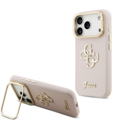 Rožinis dėklas Apple iPhone 17 Pro telefonui "Guess PU Grained 4G Logo Stand Camera Frame Case"