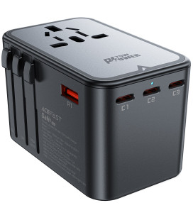 Juodas universalus kelioninis adapteris 75W 3x USB-C, 2x USB-A "Acefast Z1"
