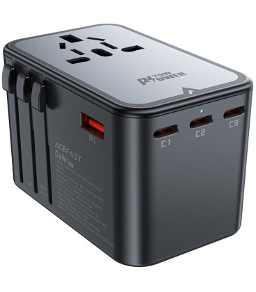 Juodas universalus kelioninis adapteris 75W 3x USB-C, 2x USB-A "Acefast Z1"