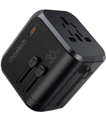 Juodas universalus kelioninis adapteris 30W 3x USB-A, 1x USB-C "Choetech PD5008"