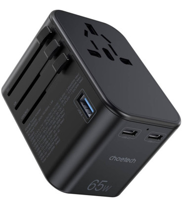 Juodas universalus kelioninis adapteris 65W 1x USB-A, 2x USB-C "Choetech PD5009"