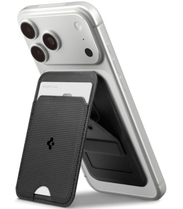Juodas kortelės dėklas - stovas "Spigen S314-1 Slim Fold Tripod Magsafe Holder"