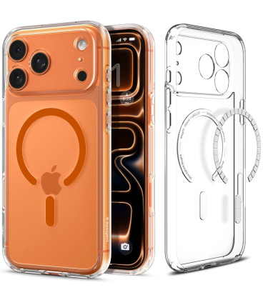 Skaidrus (Oranžinis) dėklas Apple iPhone 17 Pro telefonui "Spigen Ultra Hybrid MAG Magsafe"