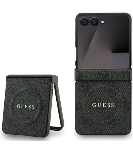 Juodas dėklas Samsung Galaxy Z Flip 7 telefonui "Guess PU Leather 4G Colored Ring Magnetic Case"