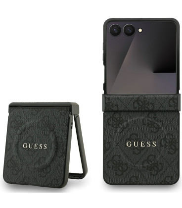 Juodas dėklas Samsung Galaxy Z Flip 7 telefonui "Guess PU Leather 4G Colored Ring Magnetic Case"