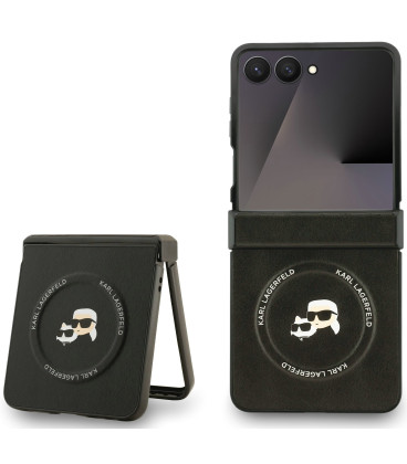 Juodas dėklas Samsung Galaxy Z Flip 7 telefonui "Karl Lagerfeld PU Karl and Choupette Heads Magnetic Case"