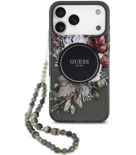 Juodas dėklas Apple iPhone 17 Pro Max telefonui "Guess IML Flowers Strap MagSafe Case"