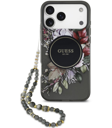 Juodas dėklas Apple iPhone 17 Pro Max telefonui "Guess IML Flowers Strap MagSafe Case"