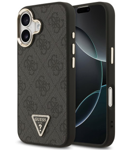 Juodas dėklas Apple iPhone 17 telefonui "Guess PU Leather 4G Strass Triangle Logo Gold Frame MagSafe Case"