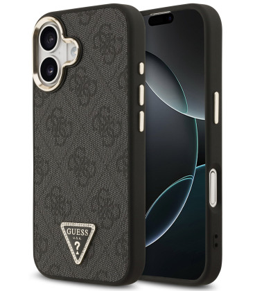 Juodas dėklas Apple iPhone 17 telefonui "Guess PU Leather 4G Strass Triangle Logo Gold Frame MagSafe Case"