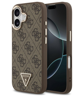 Rudas dėklas Apple iPhone 17 telefonui "Guess PU Leather 4G Strass Triangle Logo Gold Frame MagSafe Case"