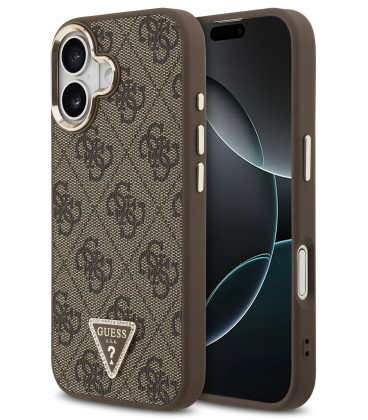 Rudas dėklas Apple iPhone 17 telefonui "Guess PU Leather 4G Strass Triangle Logo Gold Frame MagSafe Case"