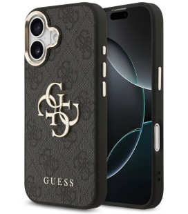 Juodas dėklas Apple iPhone 17 telefonui "Guess PU Leather 4G Metal Logo Gold Frame Case"