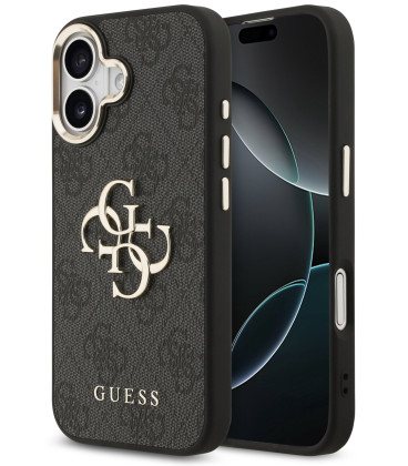 Juodas dėklas Apple iPhone 17 telefonui "Guess PU Leather 4G Metal Logo Gold Frame Case"