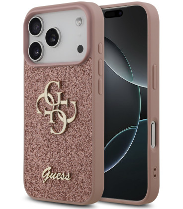 Rožinis dėklas Apple iPhone 17 Pro telefonui "Guess PU Fixed Glitter 4G Metal Logo Case"