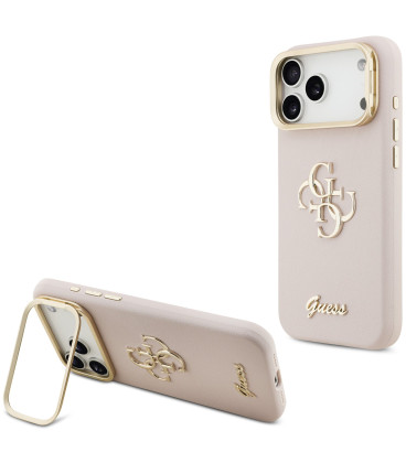 Rožinis dėklas Apple iPhone 17 Pro Max telefonui "Guess PU Grained 4G Logo Stand Camera Frame Case"