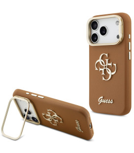 Rudas dėklas Apple iPhone 17 Pro telefonui "Guess PU Grained 4G Logo Stand Camera Frame Case"