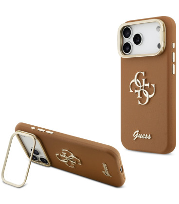Rudas dėklas Apple iPhone 17 Pro Max telefonui "Guess PU Grained 4G Logo Stand Camera Frame Case"