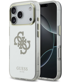 Auksinės spalvos dėklas Apple iPhone 17 Pro Max telefonui "Guess PC/TPU Mirror 4G Glitter Logo MagSafe Case"