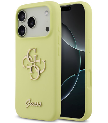 Geltonas dėklas Apple iPhone 17 Pro telefonui "Guess Liquid Silicone 4G Metal Logo Case"