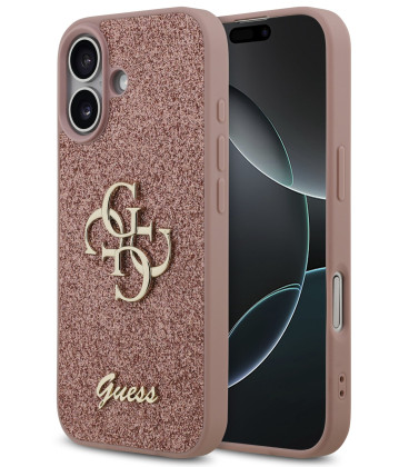 Rožinis dėklas Apple iPhone 17 telefonui "Guess PU Fixed Glitter 4G Metal Logo Case"