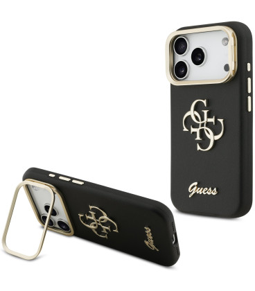 Juodas dėklas Apple iPhone 17 Pro telefonui "Guess PU Grained 4G Logo Stand Camera Frame Case"