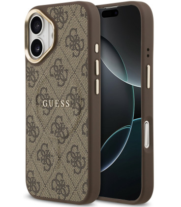 Rudas dėklas Apple iPhone 17 telefonui "Guess PU Leather 4G Gold Frame MagSafe Case"